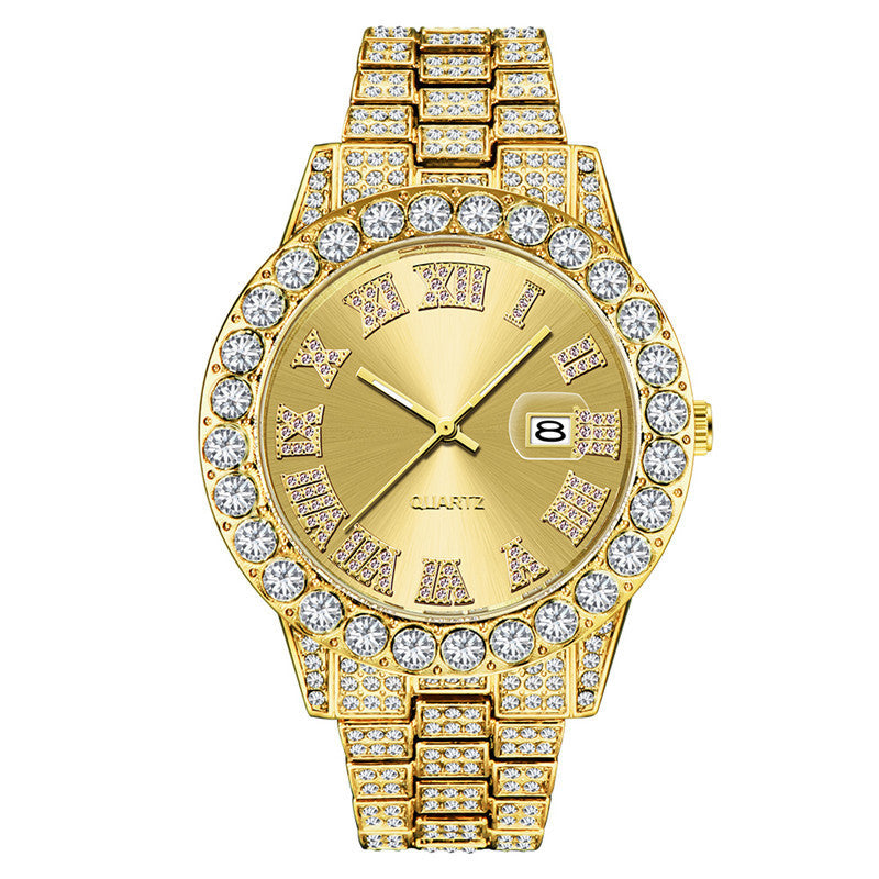 Men?s Hip Hop Full Diamond Quartz Watch ? Stainless Steel Luxury Timepiece with Date Display