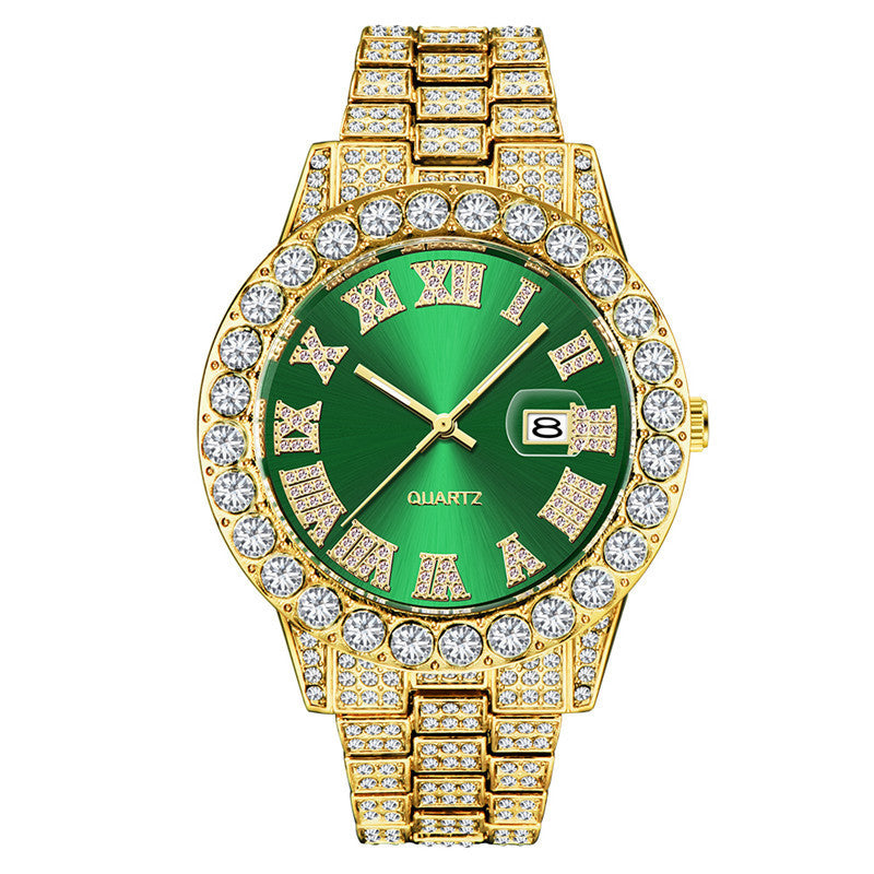 Men?s Hip Hop Full Diamond Quartz Watch ? Stainless Steel Luxury Timepiece with Date Display