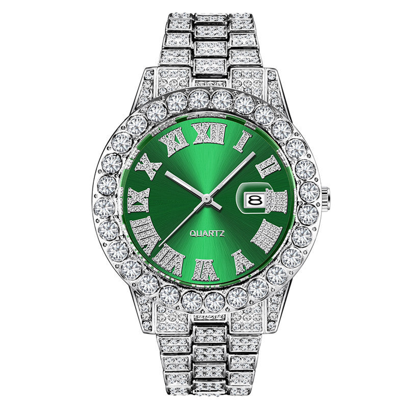 Men?s Hip Hop Full Diamond Quartz Watch ? Stainless Steel Luxury Timepiece with Date Display