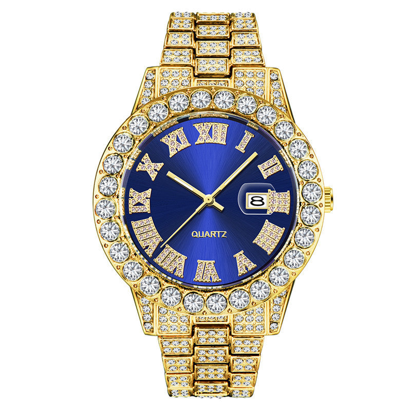 Men?s Hip Hop Full Diamond Quartz Watch ? Stainless Steel Luxury Timepiece with Date Display