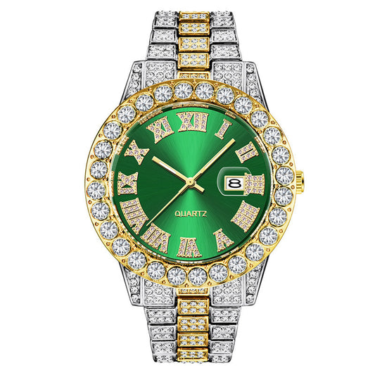 Men?s Hip Hop Full Diamond Quartz Watch ? Stainless Steel Luxury Timepiece with Date Display