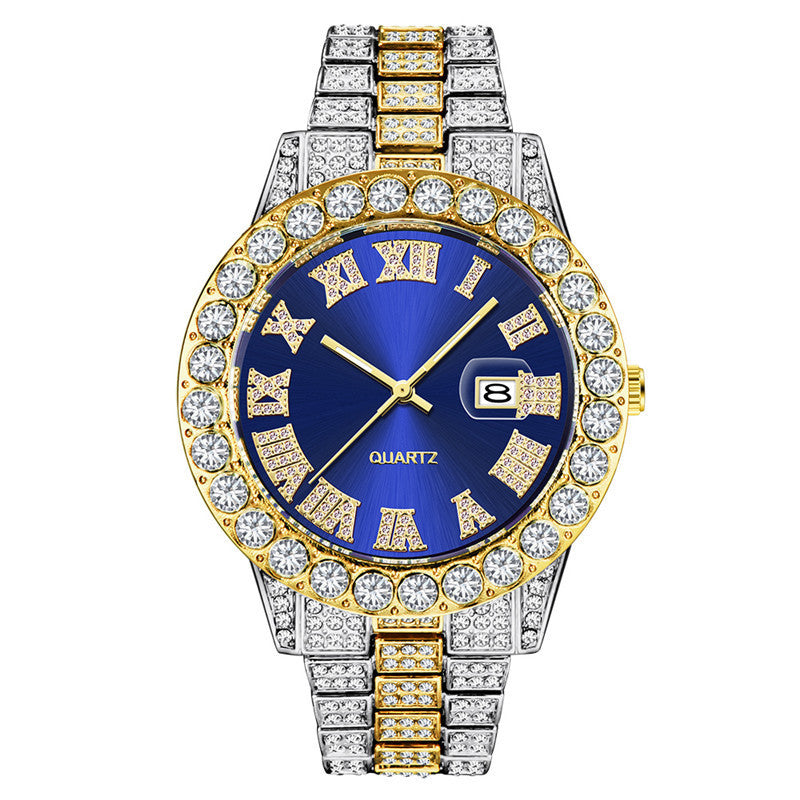 Men?s Hip Hop Full Diamond Quartz Watch ? Stainless Steel Luxury Timepiece with Date Display