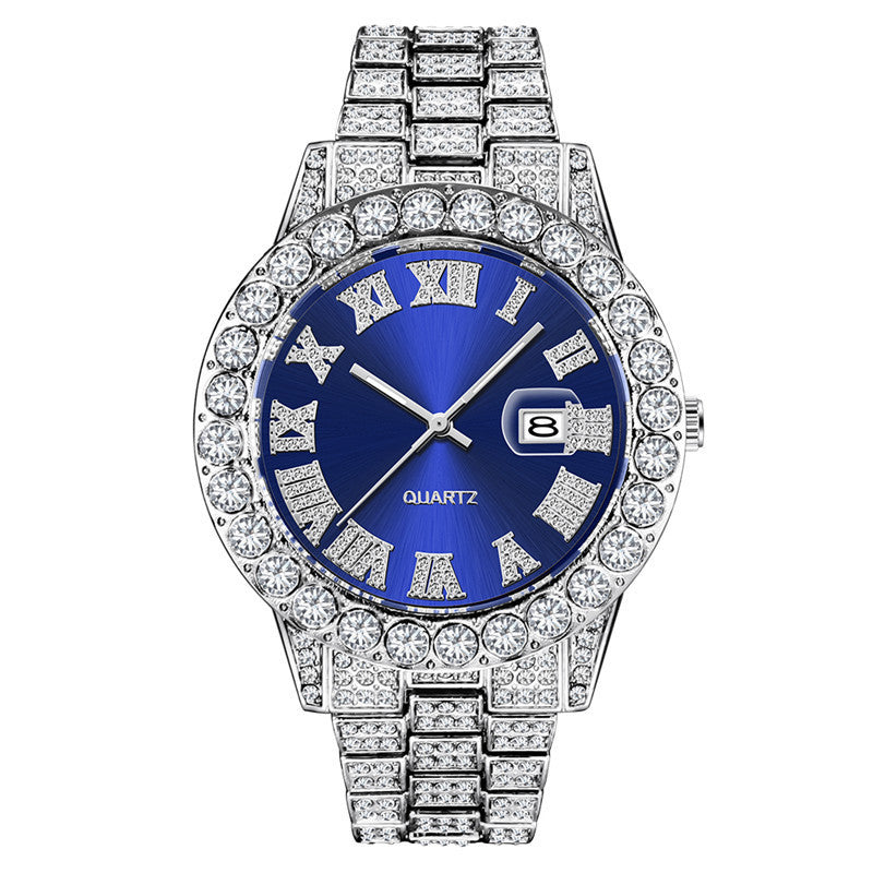 Men?s Hip Hop Full Diamond Quartz Watch ? Stainless Steel Luxury Timepiece with Date Display