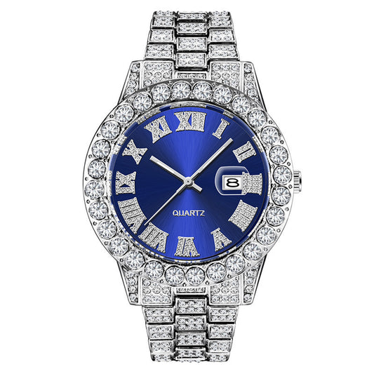 Men?s Hip Hop Full Diamond Quartz Watch ? Stainless Steel Luxury Timepiece with Date Display