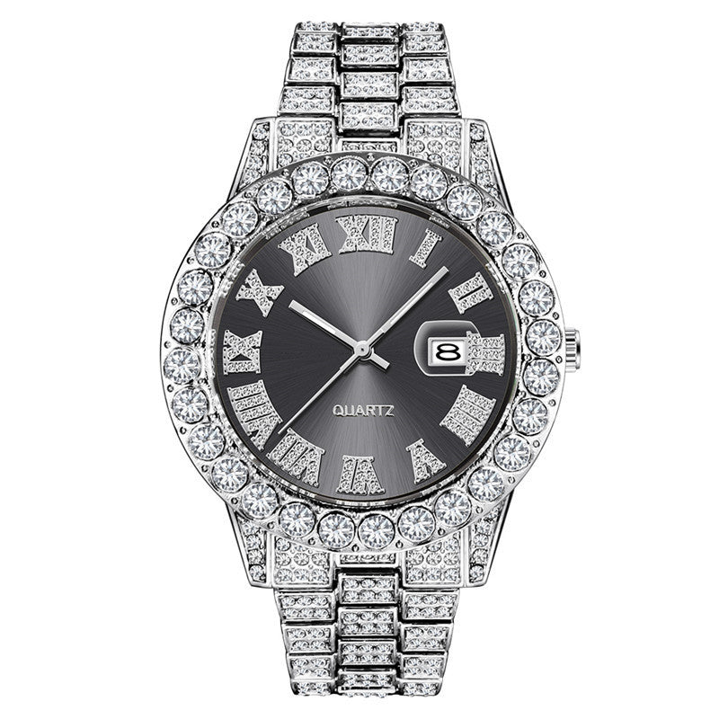 Men?s Hip Hop Full Diamond Quartz Watch ? Stainless Steel Luxury Timepiece with Date Display